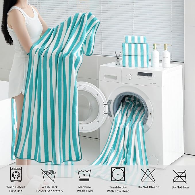 18 Pcs Turquoise Stripe Bath Towel Set with Hanging Loop-6 Bath Towels,6 Hand Towels,6 Washcloths Soft Family Towels Set Bathroom Towel Highly Absorbent Quick Dry Shower Towel for Beach Spa Gym Hotel