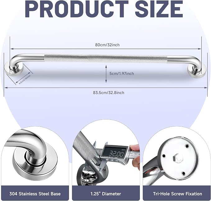 32 Inch Shower Grab Bar, Brushed Nickel Anti Slip Safety Bars, 304 Stainless Steel Bathroom Handrail, Handicap Grab Bars for Wall, Shower Grip Handle for Seniors Elderly Injury Assist Bath (1.25" Dia)