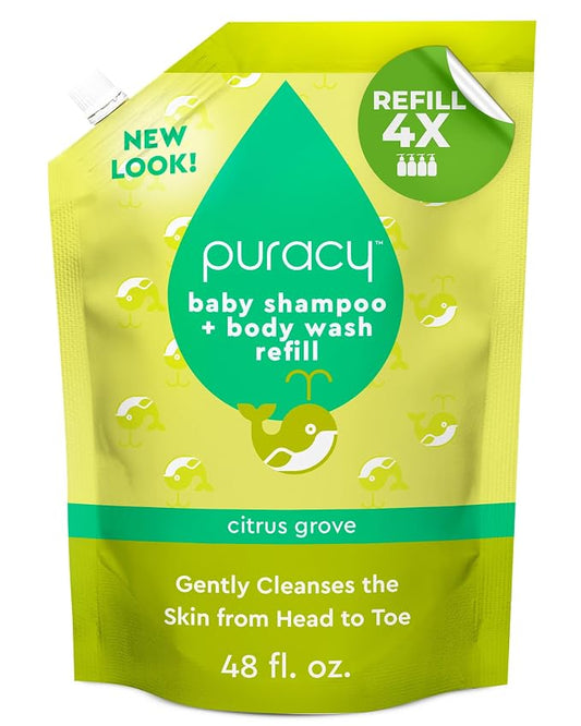 Puracy Shampoo & Body Wash for Children - Perfect Skin, Pure Ingredients - with 12 Fruit & Vegetable Extracts for Silky Smooth Skin, Gentle Citrus Grove Aromas, 98.8% from Mother Nature 48 Oz