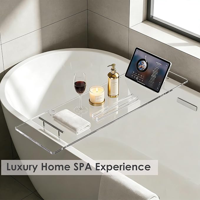 Bathtub Tray, Bath Tray for Tub, Acrylic Bath Caddy Tray for Bathtub, for Tub Luxury Spa with Tablet Slots and Wine Glass Hole, Bathroom Accessories for Decorative Bathtubs (31.5 * 9.45in)