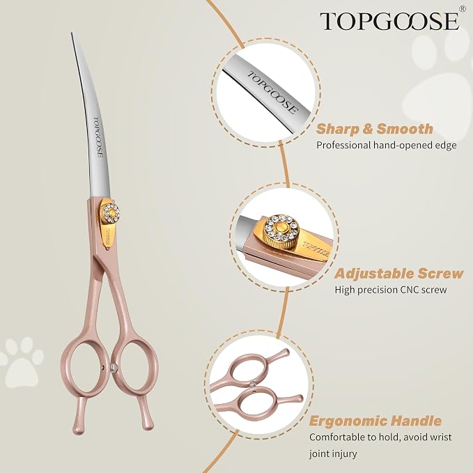 Professional Curved Dog Grooming Scissors 7.5'' 440C Stainless Steel Pet Cutting Shears Safety Trimming Shearing for Dogs Cats (Rose Gold, Curved Shear)