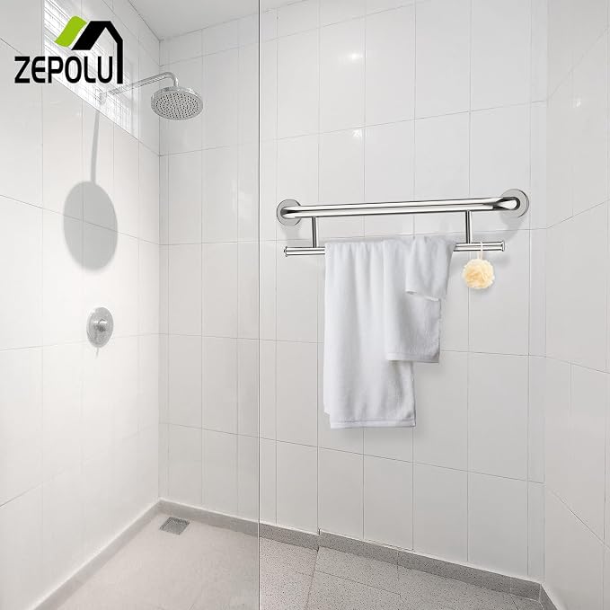 Chrome Towel Grab Bar 24 Inch - 1.25” Diameter, Zepolu Stainless Steel Safety Bar w/Towel Holder, Shower Assist Balanced Support Handle, Wall Mounted Bathroom Towel Rack for Senior Elderly Handicap
