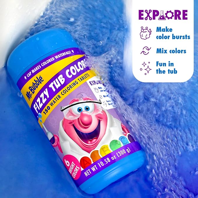 Mr. Bubble Fizzy Tub Colors Bath Water Coloring Tabelets, 6 Bright Colors, Red, Orange, Yellow, Purple, Blue and Green, Fragrance Free, Cap Makes Colorful Waterfall (3 Jars, 450 Tablets)