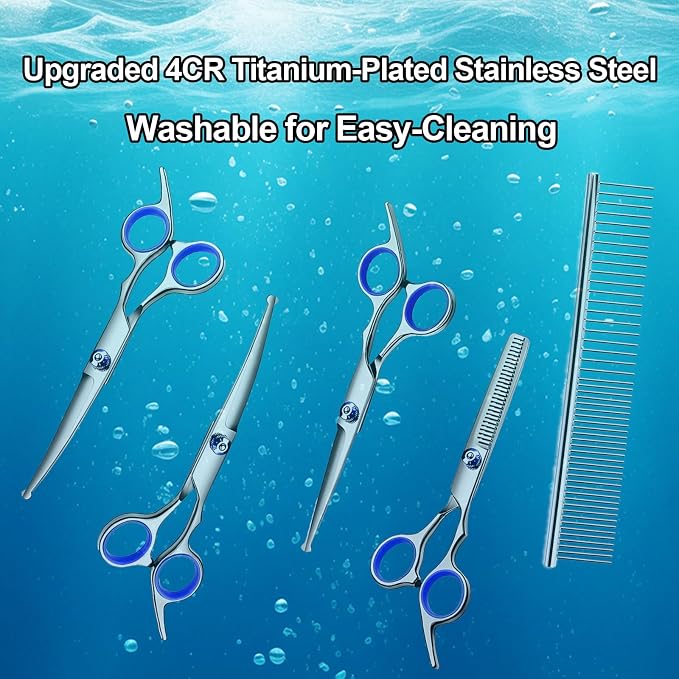Dog Grooming Scissor, 7-in-1 Pet Grooming Scissor for Dogs, Professional Dog Grooming Kit with Safety Round Tips, Titanium Coated Cat Scissors Kit for Home Grooming (Blue)