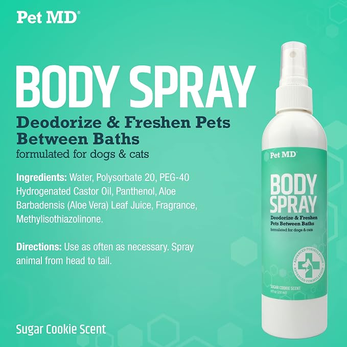 Pet MD Body Spray for Dogs & Cats - Deodorizing Dog Perfume Reduces Static & Eliminates Odor - Long-Lasting Pet Cologne Spray for Dogs - Sugar Cookie Scent - 8 oz