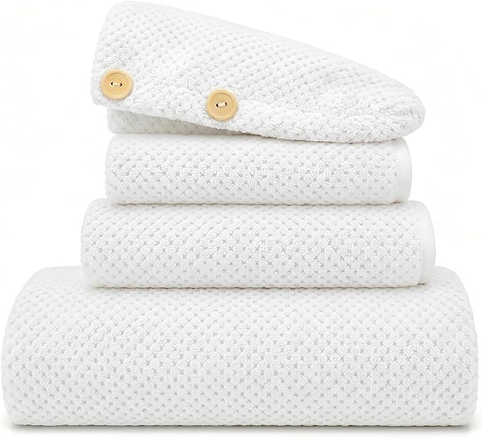 MaopaoBeauty Oversize Bath Towels Set - 35x70 Inches, 4-Piece Bathroom Towel Set (1 Bath Towel, 1 Hair Towel, 1 Hand Towel, 1 Washcloth),Microfibers Towels for Bathroom Set Microfiber Shower Towels