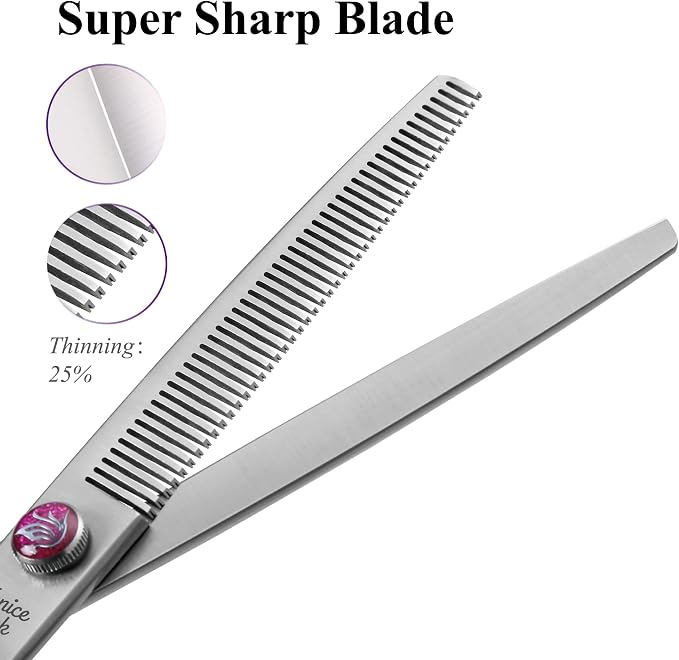 7'' Thinning Dog Grooming Scissors with Purple Finger Rings and Flashing Screw Professional 440C Stainless Steel Natural Color Pet Thinning Shears with Offset Handle Durable and Sharp