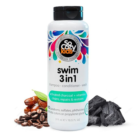SoCozy Kids Swim 3-in-1 Shampoo, Conditioner & Body Wash - 3-in-1 Combo Pool Shampoo & Conditioner for Swimmers - Salt & Chlorine Removing Activated Charcoal