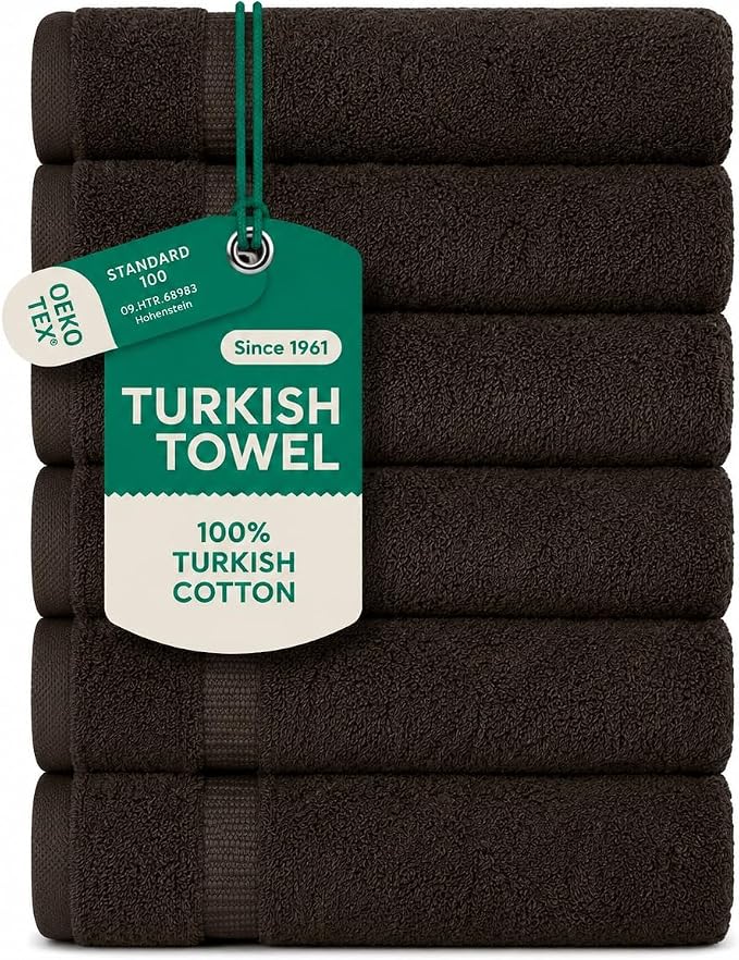 SALBAKOS 100% Turkish Cotton Hand Towel Set of 6 16x30 inch | Premium Quality | Hotel & Spa Collection | Soft, Super Absorbent, Long Lasting Hand Towels | Made in Turkey (Chocolate, 6 Hand Towels)