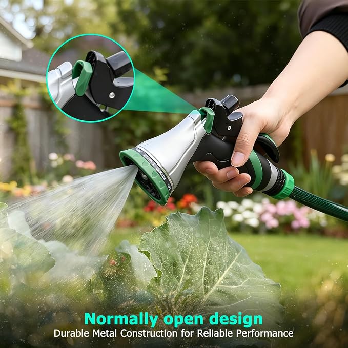 QUOBAS Metal Garden Hose Nozzle, Heavy Duty Water Hose Sprayer, Leak Proof | 10 Pattern Water Nozzle with Rubber Gasket, Garden Sprayer for Watering Plants, Washing Cars, Pet Shower, Green