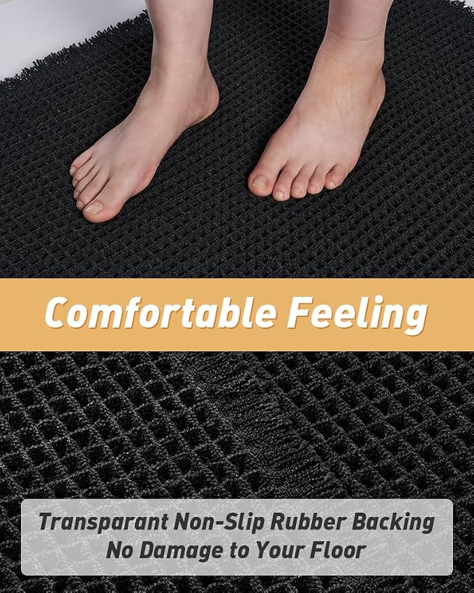 Upgraded Waffle Bath Mat Set of 2 Super Absorbent Non Slip Bath Mats for Bathroom Floor, Washable Boho Bathroom Rugs Set 2 Pieces with Tassels, Soft Bathroom Mat Set, Black, 17" x 24" Plus 17" x 48"