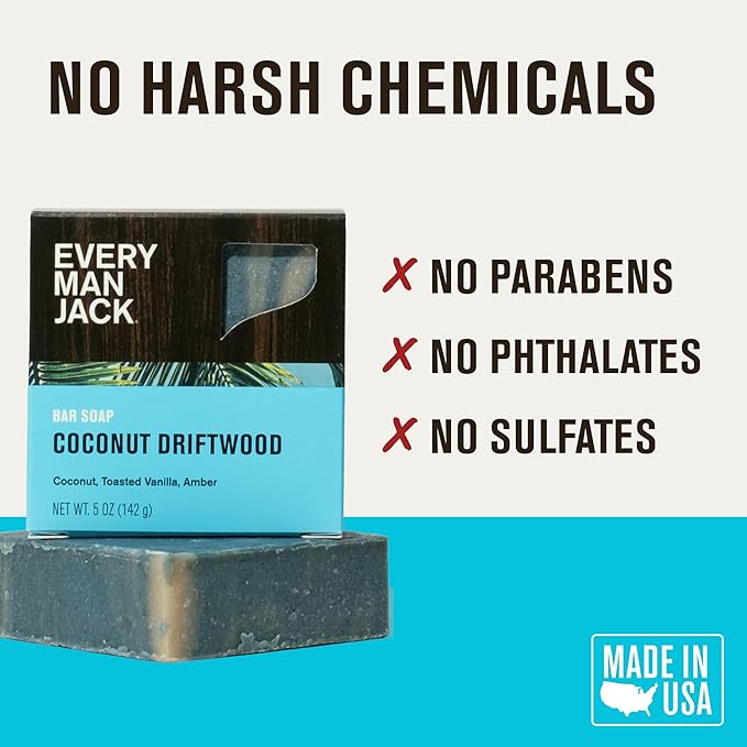 Every Man Jack Cold Processed Mens Bar Soap - Coconut + Driftwood Scent - Deeply Cleans & Hydrates with Shea Butter and Coconut Oil - (3 Pack)