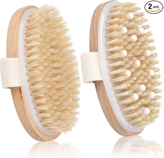 2 Pack Dry Brushing Body Brush, Natural Bristle Exfoliating Brush with Massage Nodes, for Lymphatic Drainage and Improving Skin Health and Reduces Acne