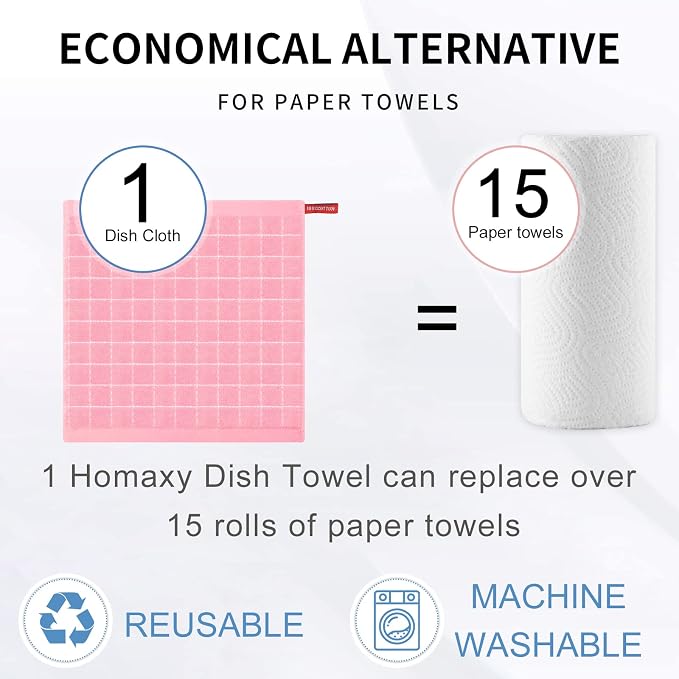 Homaxy 100% Cotton Terry Kitchen Dish Cloths, Ultra Soft and Absorbent Dish Towels for Kitchen, Suitable for Drying and Washing Dishes, 6 Pack, 12 x 12 Inches, Pink
