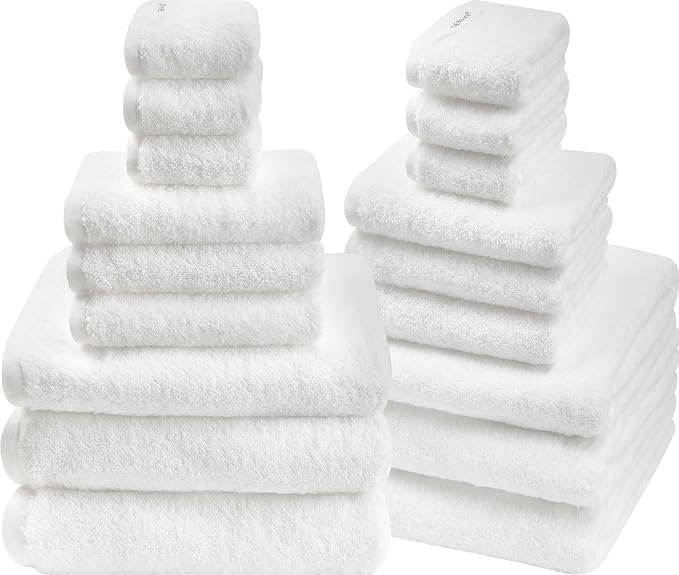 18-Piece Cotton Bath Towel Set with Hanging Loops for Bathroom, White | Stock-up towel set for family bathrooms, guest baths, multi-bath homes, and wash-day rotation, OEKO-TEX certified, easy care