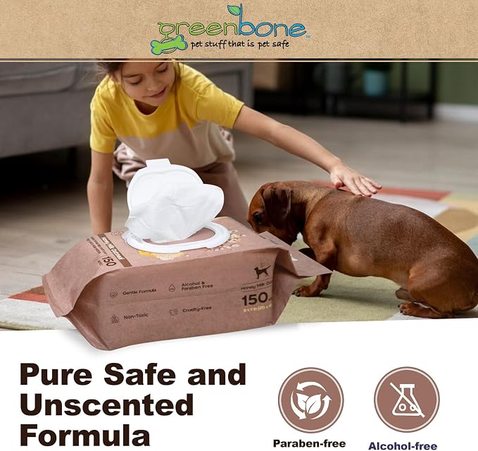Greenbone Dog Wipes Natural and Safe for Grooming Paws, Body and Butt Cleaning Deodorizing Honey Milk Oatmeal 150 Wipes