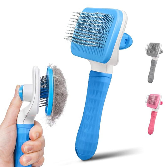 Dog & Cat Brush, Self Cleaning Slicker Brush for Pets, Upgraded Dog Brush for Shedding Massaging and Grooming, Removes Loose Undercoat & Portable Comb for Long Short Haired Dogs(Blue)