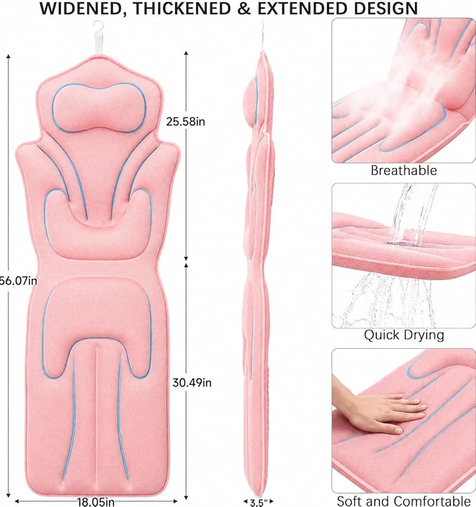 Full Body Bath Pillow for Bathtub - Thick Bathtub Cushion, Bathtub Pillow with 114 Suction Cups, 5D Air Mesh Bath Pillows for Tub Full Body, Head Neck Back Support, Pink 59 x 20 in