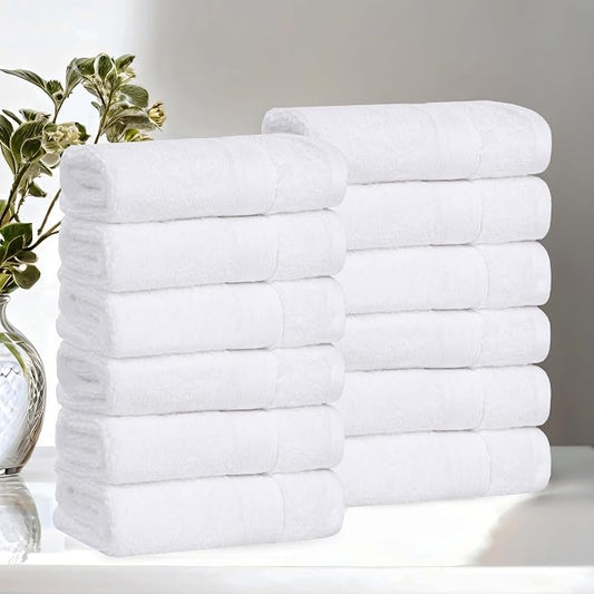 Superior Belmont Zero Twist Cotton Medium Weight Small Towels, for Kitchen, Bathroom, Shower, Spa, Plush, Quick Dry, Ultra-Soft Essentials, Thick Border, Face Towels Washcloths, Set of 12, White