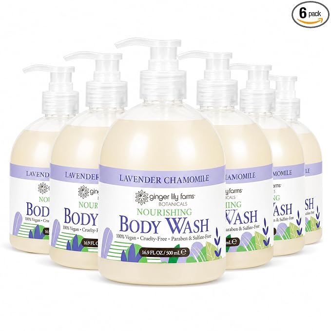 Ginger Lily Farms Botanicals Nourishing Body Wash, 100% Vegan & Cruelty-Free, Lavender Chamomile Scent, 16.9 Fl Oz (Pack of 6)