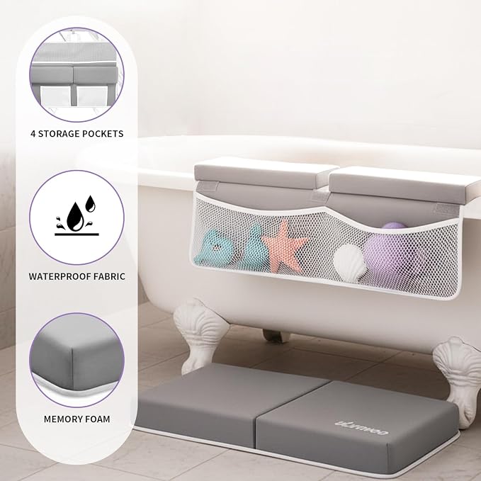 UBRAVOO Baby Bath Kneeler with Elbow Rest Pad, Non-Slip Foam Mat, Quick-Drying Cushion, Foldable Bathtub Support with Toy Storage Pockets for Parents (Gray)