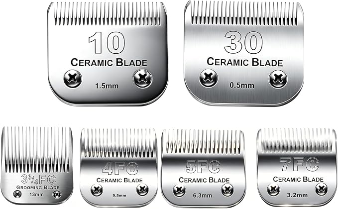 6Pack 10Blades Dog Grooming Blades Compatible with Andis Clipper | Dog Clipper Blades for Oster A5/Wahl KM Series ,Ceramic Blade & Stainless Steel Blade Size:#10+30+5FC+7FC+3FC+4F)