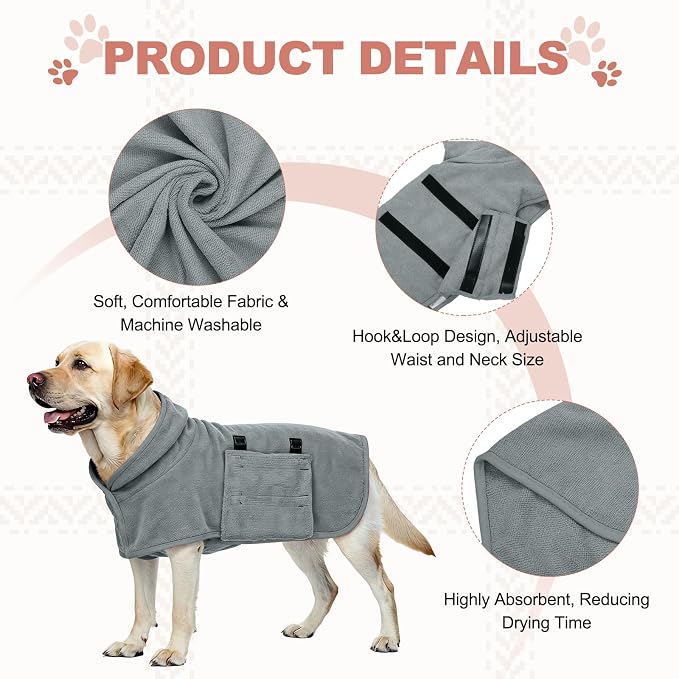 Dog Drying Coat, Dog Robes for After Bath Bathrobe Super Absorbent Towel Soft Adjustable, (M, Gray), Intended for Fast Drying Warm Keeping Pet Cats Kitten Puppies