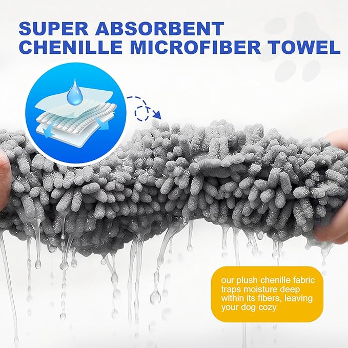 WOUSEDO Microfiber Chenille Dog Towel 1 Pack, Super Absorbent & Quick Dry | Pet Bath Shammy Towel, 13.8 x 31.5 Inches, Wash Grooming Towels for Small to Large Pets, Grey