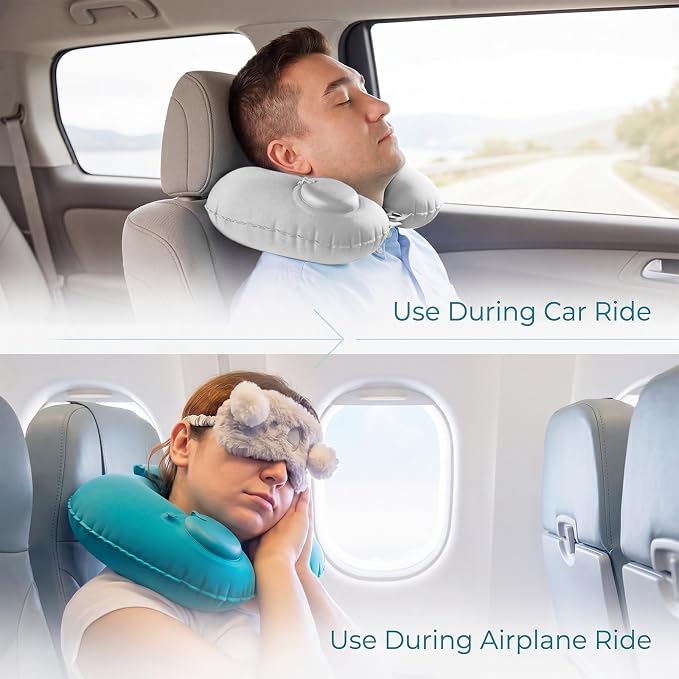 Colingmill 2 Pcs Inflatable Bath Pillows for Tub, U-Shaped Neck & Head Support Cushion, Portable Blow Up Travel Neck Pillow with Adjustable Button for Airplanes & Home Spa(Grey, Peacock Blue)
