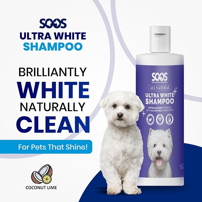 Soos Ultra White Hypoallergenic Shampoo for Dogs & Cats - Natural White Brightening Formula, Gentle & Moisturizing Pet Wash for Sensitive Skin - 500ml