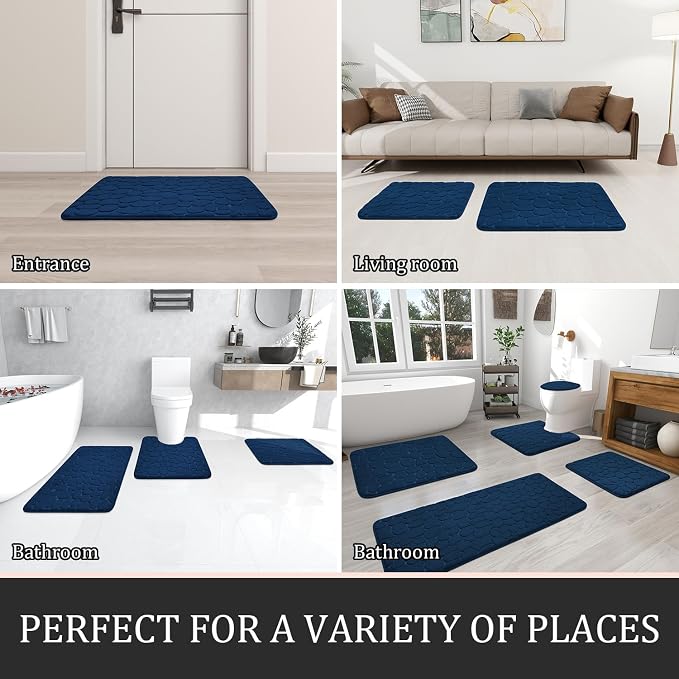 YIHOUSE Bathroom Rugs Mat Set, Memory Foam Bath Mat 3 Piece Navy Blue | U Shape+Small Mat, Non Slip, Water Absorbent, Washable, Bath Mat For Bathroom, Sink and Toilet