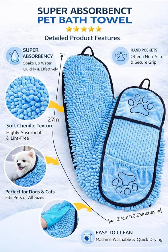 Super Absorbent Dog Bath Towel & Grooming Glove Set – Soft Chenille Dog Drying Towel for Small Dogs & Puppies, Quick Dry, Machine Washable, Non-Toxic, Blue