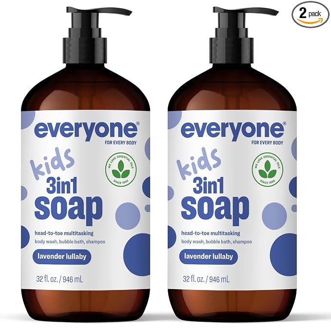 Everyone 3-in-1 Kids Soap, Body Wash, Bubble Bath, Shampoo, 32 Ounce (Pack of 2), Lavender Lullaby, made with Essential Oils for Toddlers, tweens and teens
