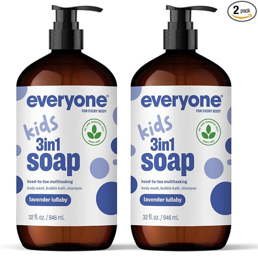 Everyone 3-in-1 Kids Soap, Body Wash, Bubble Bath, Shampoo, 32 Ounce (Pack of 2), Lavender Lullaby, made with Essential Oils for Toddlers, tweens and teens