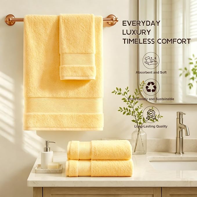 Marvione Bath Towels Set 6 Piece, 100% Turkish Cotton Highly Absorbent and Soft Towels for Bathroom 2 Bath Towels 2 Hand Towels 2 Washcloths, Light Yellow