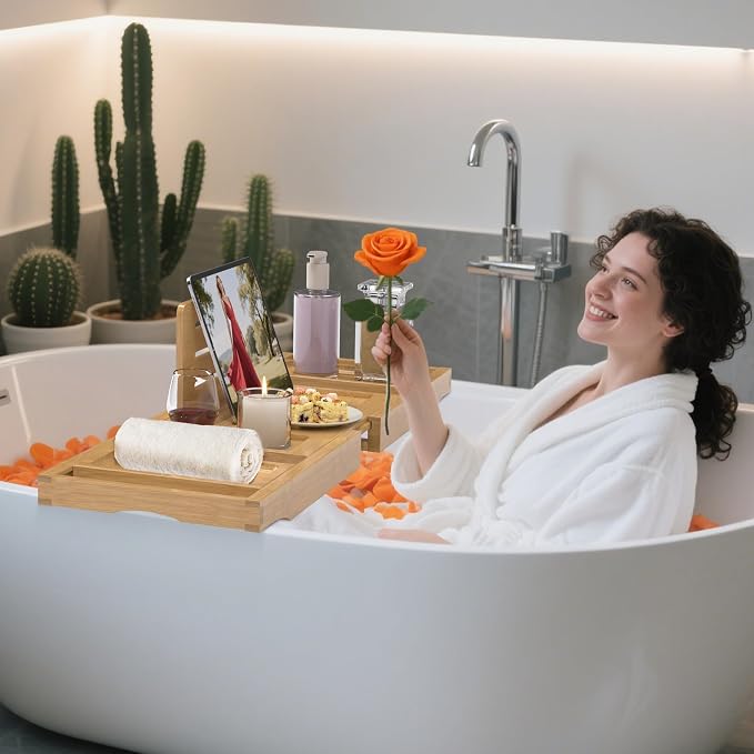 Bathtub Tray Caddy,Premium Bamboo Expandable Bath Tub Trays Table, Foldable Bathroom Accessories,Great House Warming, Anniversary and Birthday Gifts,Natural