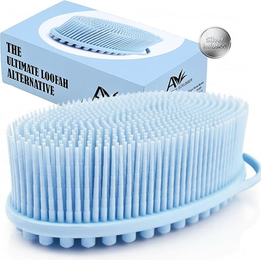 Avilana Silicone Body Scrubber for Shower – SGS Certified Food Grade Dual Sided Bath Brush, Gentle Exfoliating Silicone Loofah Alternative, Sensitive Skin Body Brush (Blue-Silver, Massage)