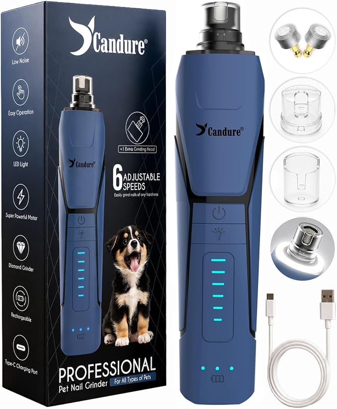 Candure Whisper Quiet Dog Nail Grinder with 360 Degree LED Light, 6-Speed Rechargeable Pet Nail Trimmers with Extra Grinding Head for Safe, Stress-Free Grooming for All Pet Sizes