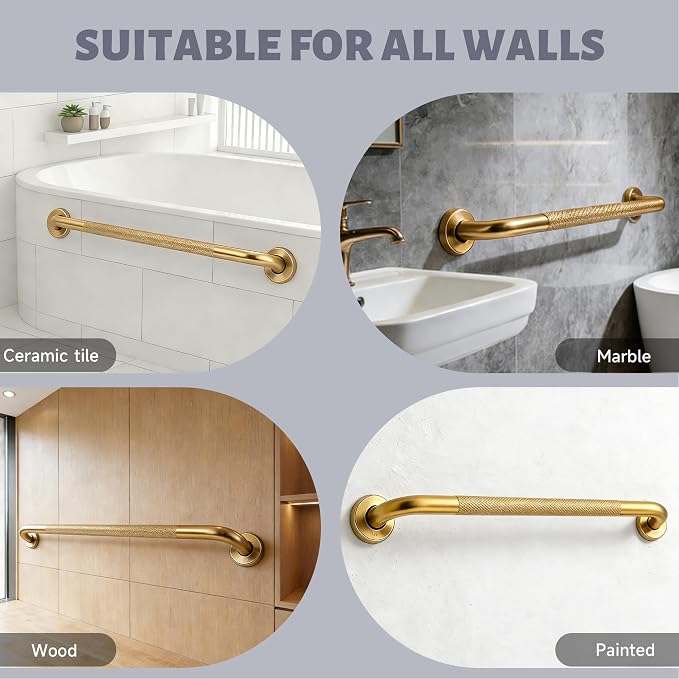 24 Inch Shower Grab Bar 1.25" Dia, Gold Anti Slip Bathroom Grab Bar, 304 Stainless Steel Knurled Handicap Grab Bars, Safety Support Handrail, Assist Bath Shower Handle for Elderly Injury Senior