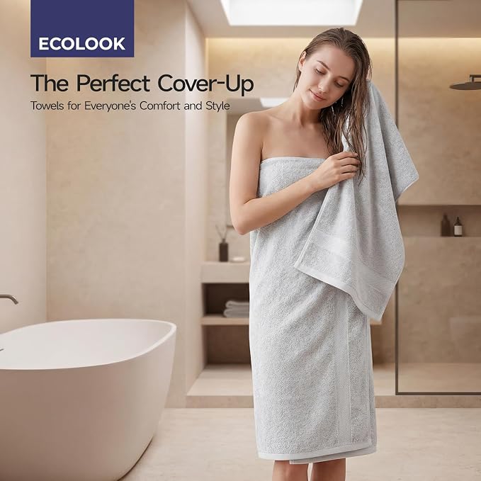ecolook 2 Pack 100% Cotton Bath Towels, 28 x 55 Inches, Soft | Lightweight, Highly Absorbent & Quick Dry Body Towels for Bathroom, Shower, Gym & Daily Use, Light Gray