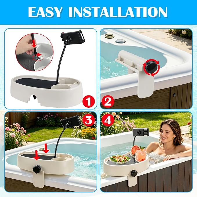 Hot Tub Table Tray with Adjustable Phone Holder, Nonslip Bathtub Table Tray Between 2.4-7.4" Hot Tub Accessories for Adults with 2 Cup Holders, Clip-on Pool Side Table for Above Ground Bathtub (Beige)