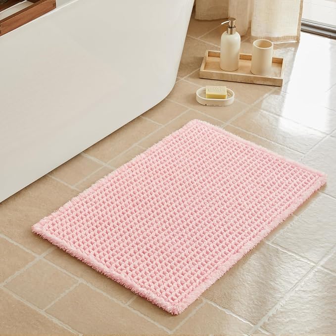 Triohero Waffle Bath Mat, Boho Bathroom Rugs Non Slip Washable, Ultra Soft Super Absorbent Quick Dry Farmhouse Bathroom Decor, 20" x 30", Light Peachy Pink