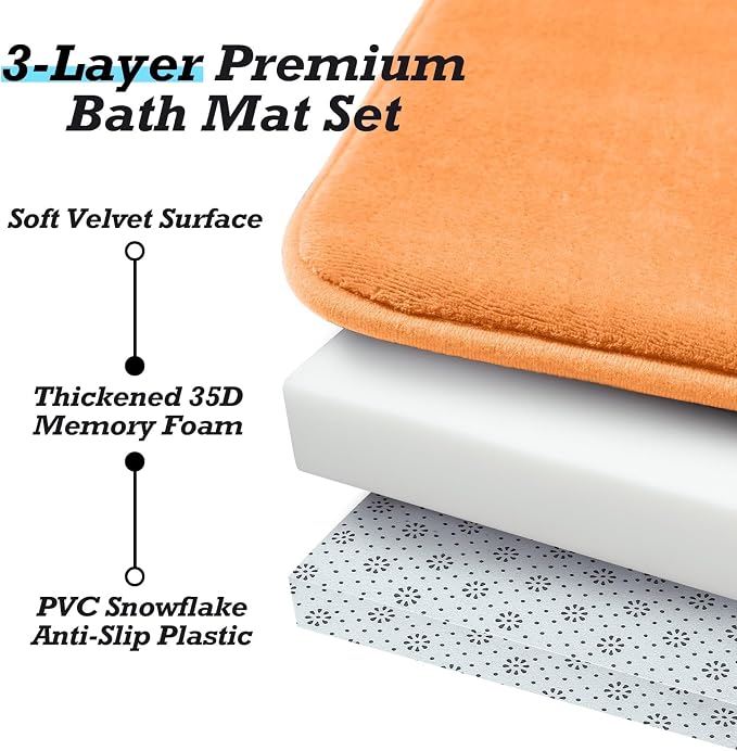 HUXMEYSON Bathroom Rugs Sets 3 Piece, Non-Slip & Quick Dry Bath Mat Set, Ultra Soft Velvet Bath Rugs for Bathroom, Toilet and Shower Floor, Orange