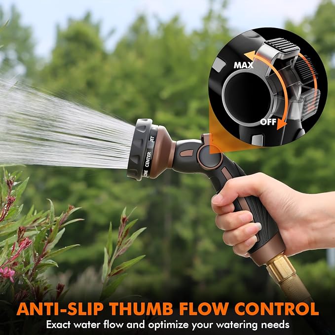 RESTMO Hose Nozzle Heavy Duty, Metal Water Hose Sprayer for Garden | 9 Spray Patterns, High Pressure, Thumb Flow Control, On/Off Valve, Ideal for Outdoor Lawn & Plant, Car & Pet, Brown