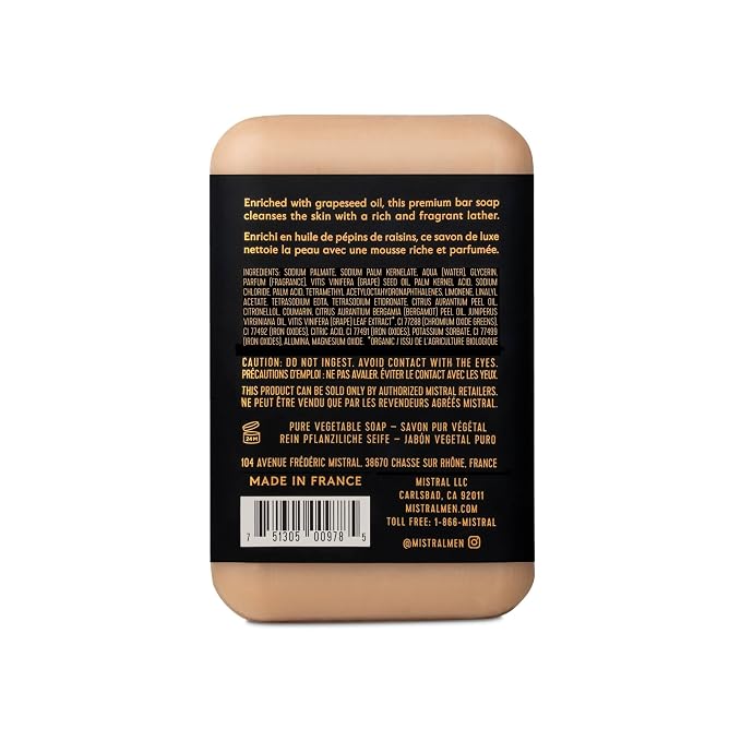 Mistral Santal Coast Luxury Bar Soap for Men | Men’s Natural Soap Bar | Paraben, Phthalates Free | Moisturizing & Triple-Milled Natural Soap for Men - Made in France | Large, 8.8 oz