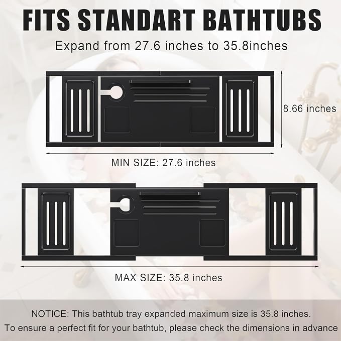 Bathtub Tray Caddy,Premium Bamboo Expandable Bath Tub Trays Table, Foldable Bathroom Accessories,Great House Warming, Anniversary and Birthday Gifts,Black