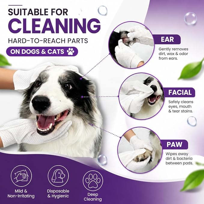 Pet Glove Wipes for Dogs & Cats, 30Pcs Deodorizing Cleaning Gloves with Coconut Oil, Vet Recommended Hypoallergenic Bathless Grooming Wipes for Paws, Body & Ears, No-Rinse