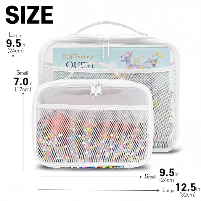 holay 4 Packs PVC Toy Storage Organizer with Zipper, Name Tag & Manual Pocket, Clear Durable Case for Blocks, Clay, Board Games, Travel (White, Small)