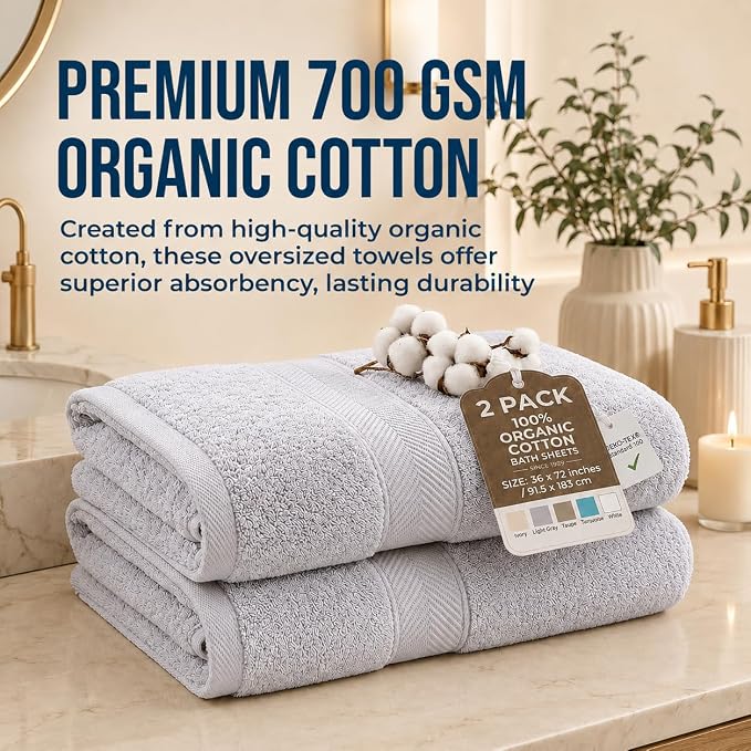 2 Pack Oversized Organic Cotton Bath Sheets 36x72 – Light Gray | Oversized 36x72 Organic Cotton Bath Sheets, 700 GSM Luxury Weight – Highly Absorbent, Quick-Dry, GOTS Certified 2 Pack