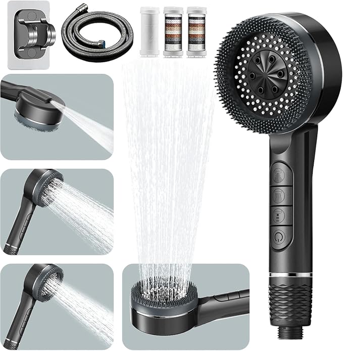 High Pressure Filtered Shower Head - Handheld Showerhead Drops Combo for Hard Water | 3 Modes with 3 Replacement Filters, 59" Extra Long Hose & Adjustable Bracket for Dry Skin & Hair Protection